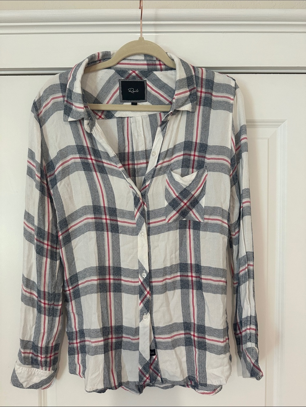 Rails Ivory Plaid Button-Down Shirt with Gray and Red Stripes